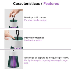 DAM Atrapa mosquitos eléctrico BG-002 portátil con batería. Luz de 365 NM para atrapar mosquitos. 8,3x8,3x12,3 Cm. Color: Blanco
