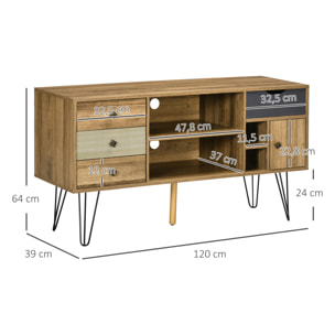 Meuble TV banc TV design industriel graphique - 4 tiroirs, 4 niches, porte - piètement épingle métal noir aspect bois