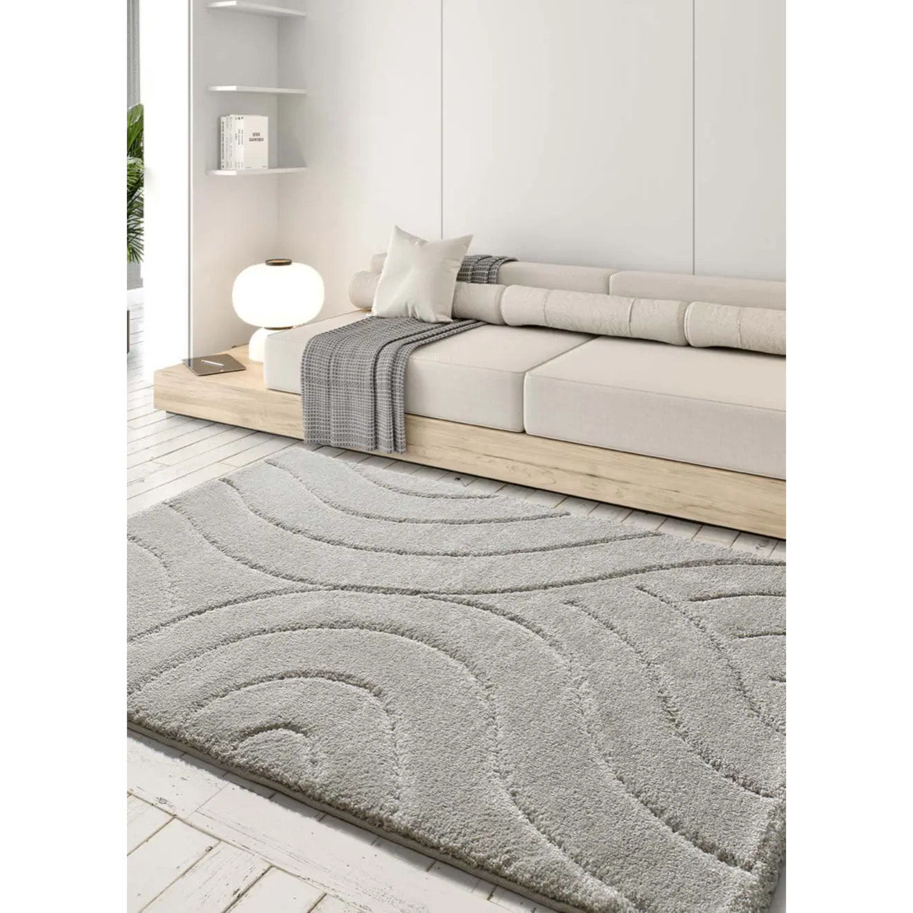 MOLIER Alfombra shaggy con formas abstractas en plata, varias medidas disponibles.