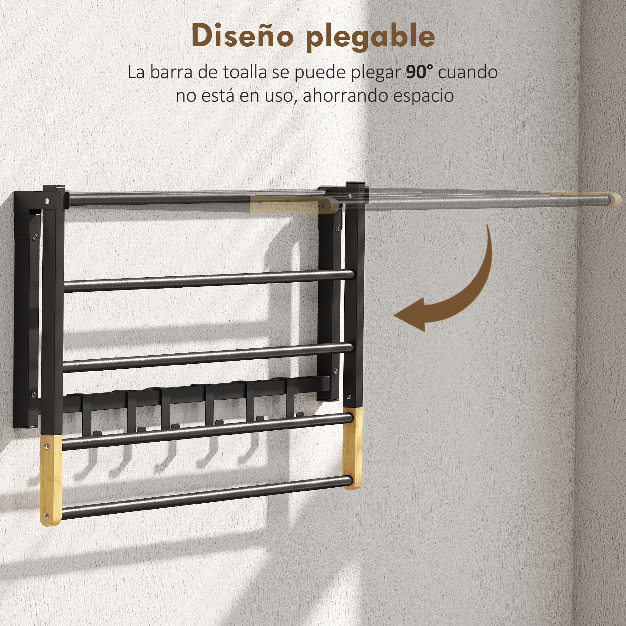 Toallero de Baño de Pared, Toallero Plegable con 5 Barras y 6 Ganchos, para Toallas, Baño, 60 cm, Negro