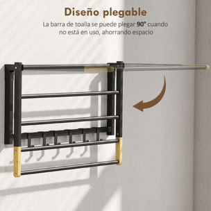 Toallero de Baño de Pared, Toallero Plegable con 5 Barras y 6 Ganchos, para Toallas, Baño, 60 cm, Negro