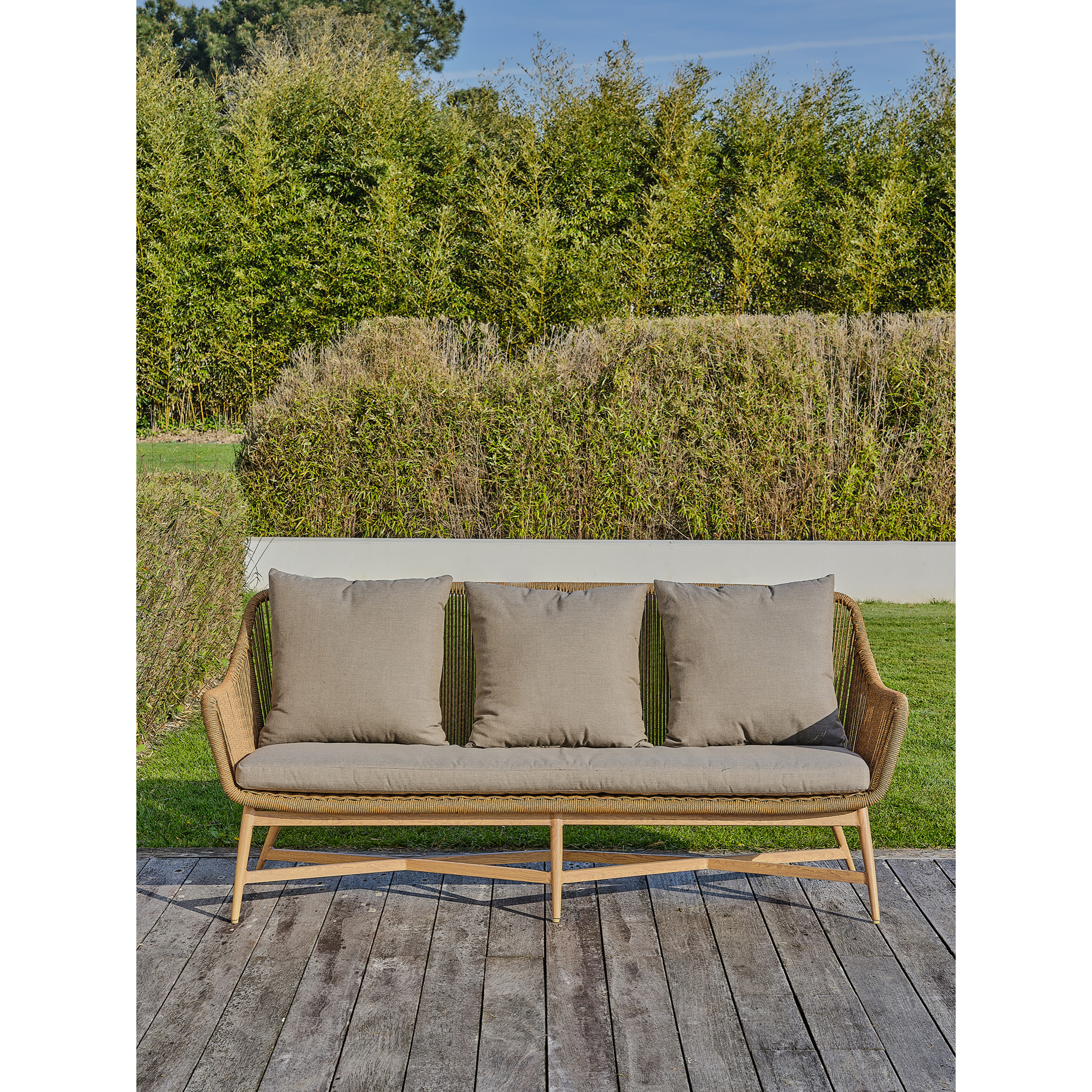 PALMAS - Salon bas de jardin 5 places alu aspect bois, teck et corde tissée