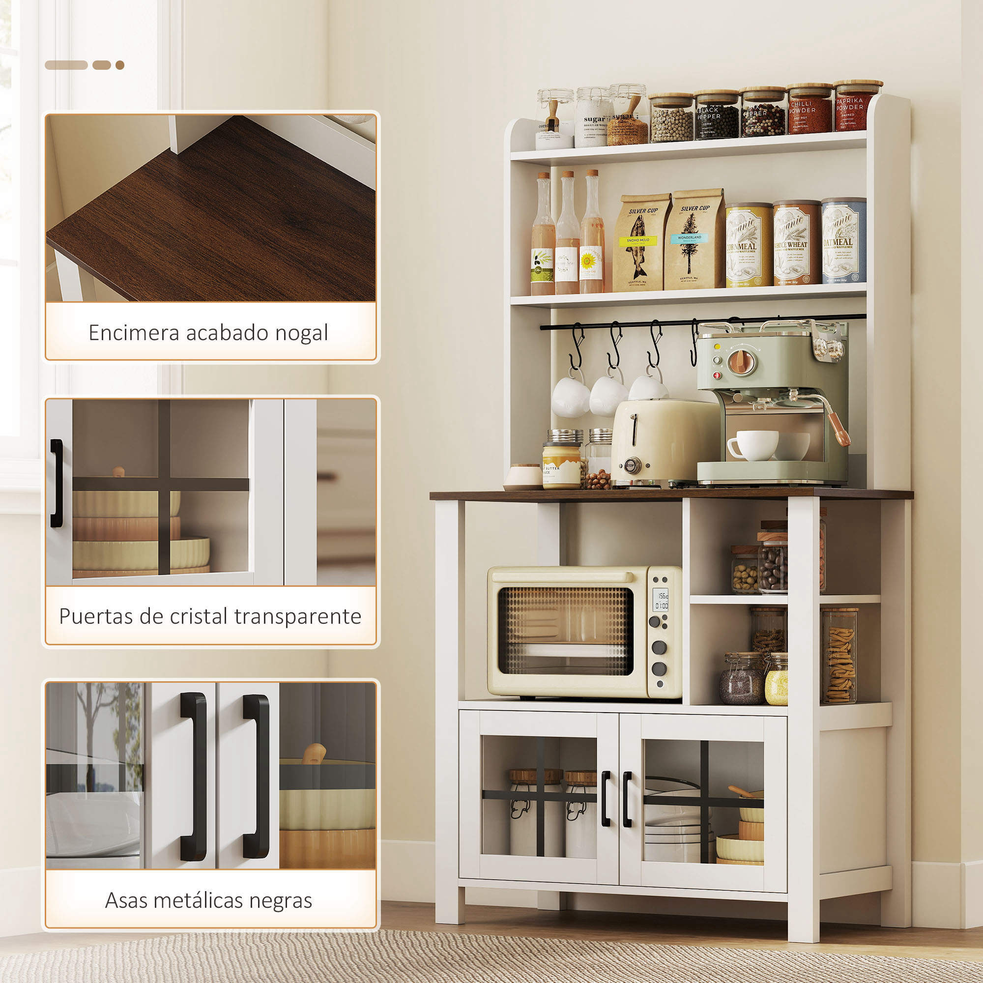 Alacena de Cocina Alta, Mueble Auxiliar de Cocina, con 6 Ganchos para Tazas, 2 Puertas de Vidrio, Estantes Abiertos, Blanco, 80x40x152 cm