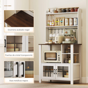 Alacena de Cocina Alta, Mueble Auxiliar de Cocina, con 6 Ganchos para Tazas, 2 Puertas de Vidrio, Estantes Abiertos, Blanco, 80x40x152 cm