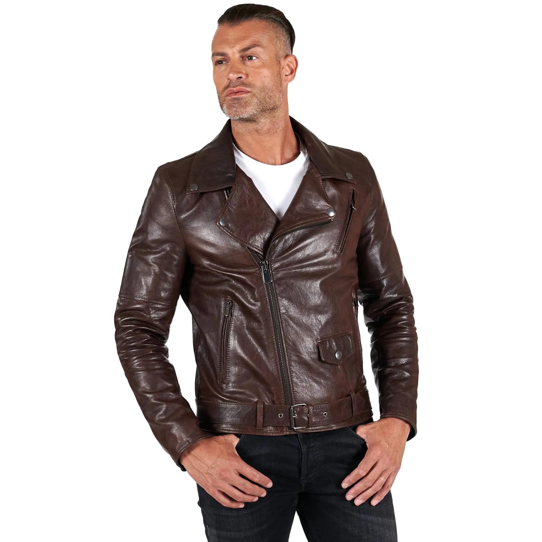 Chiodo biker in pelle testa di moro con cintura effetto vintage