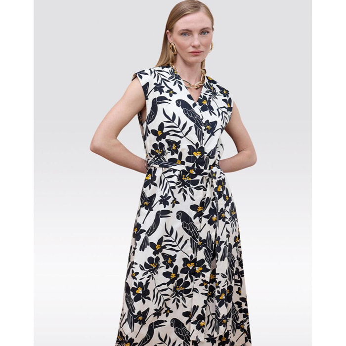 Abito in popeline con stampa a foglie di pappagallo