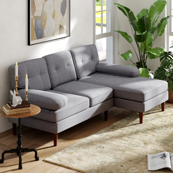 Sofá Esquinero de 3 Plazas Tapizado en Chenilla, Sofá Chaise Longue en Forma de L con Patas de Madera y Reposabrazos, Estilo Moderno, para Salón, 215x142x88 cm, Gris