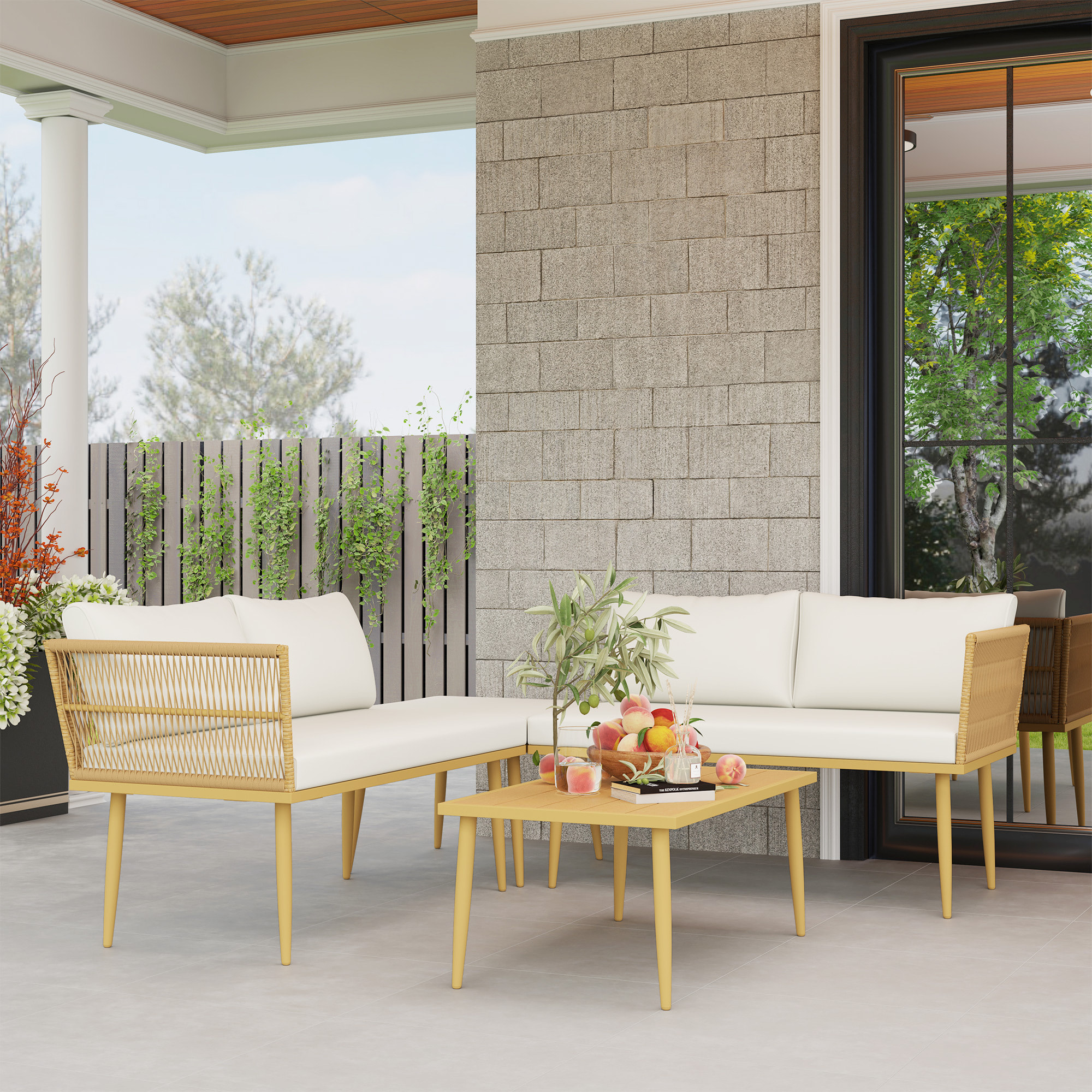 Ensemble salon de jardin 5 places modulables avec table basse et coussins résine tressée filaire beige