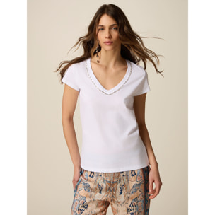 Oltre - T-shirt in cotone con castoni - Bianco