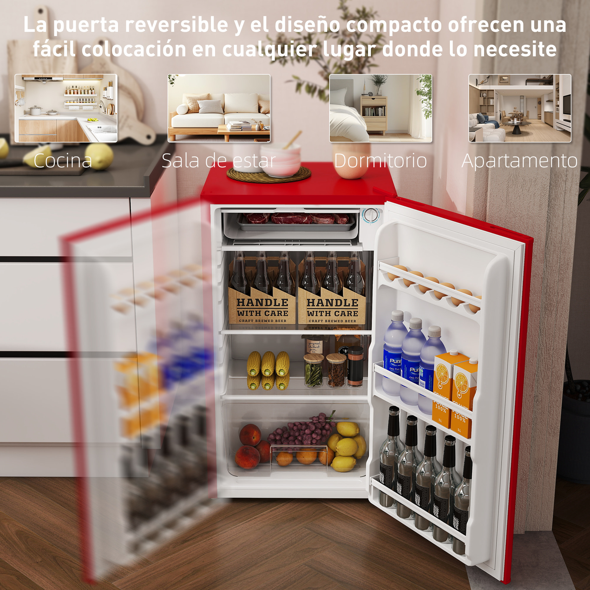 Nevera Pequeña 91 L con Congelador, Mini Frigorífico Silenciosa, Frigorífico Pequeño Bajo Encimera con Temperatura Regulable 5 Niveles, Puerta Reversible y Estantes Ajustables, Rojo