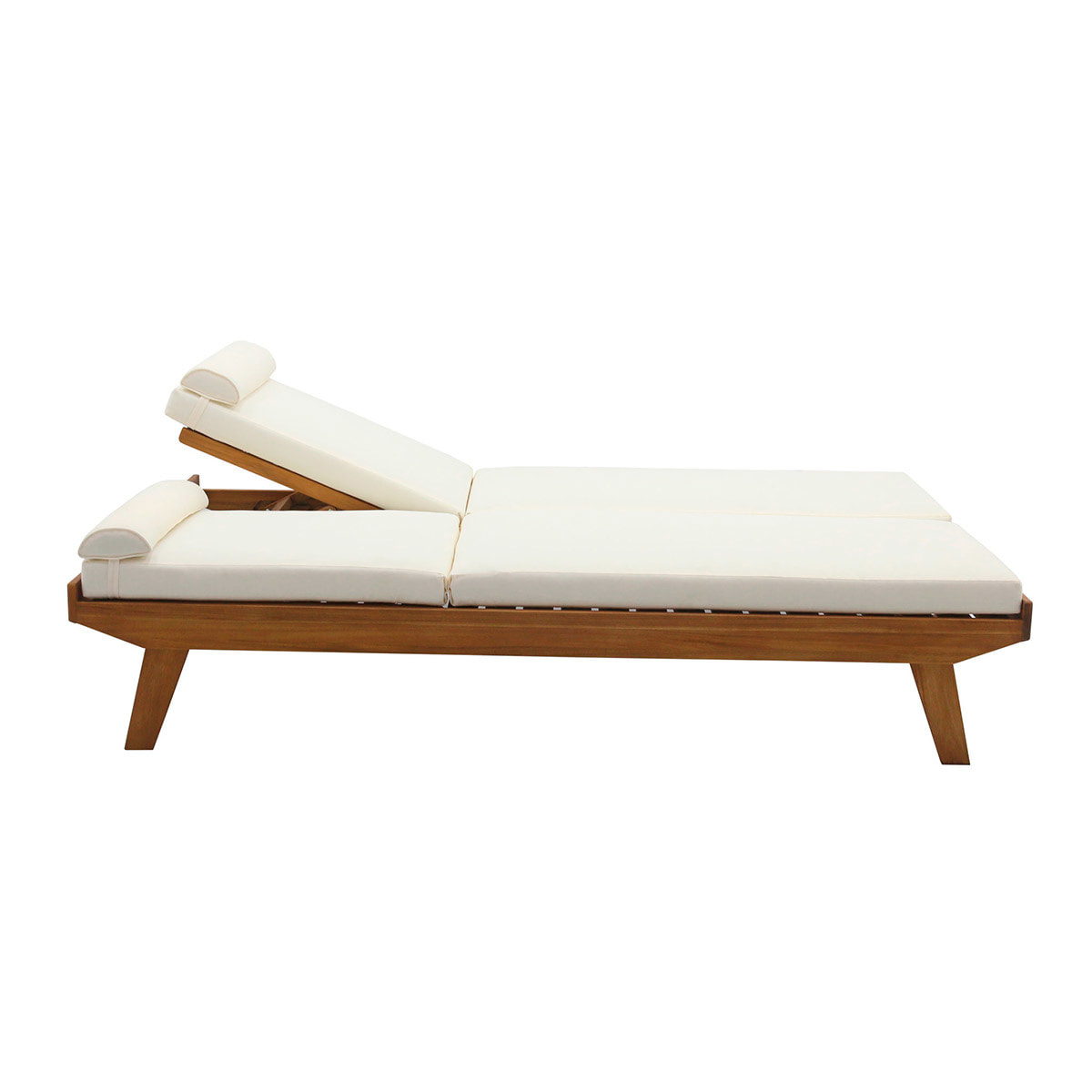 Bain de soleil double avec dossiers multipositions beige et bois massif L127 cm CARACAS