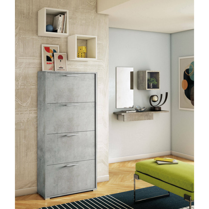 Scarpiera Adeindein, Mobile multiuso da ingresso con 4 ante a ribalta, Armadietto portascarpe a doppia profondità, 100% Made in Italy, 67x28h147 cm, Cemento