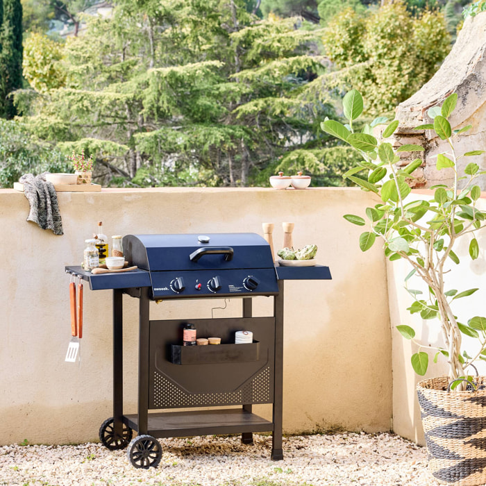 Barbecue au gaz Madeleine noir. 3 brûleurs. cuisine extérieure. L 109.5 x P 59 x H 125cm