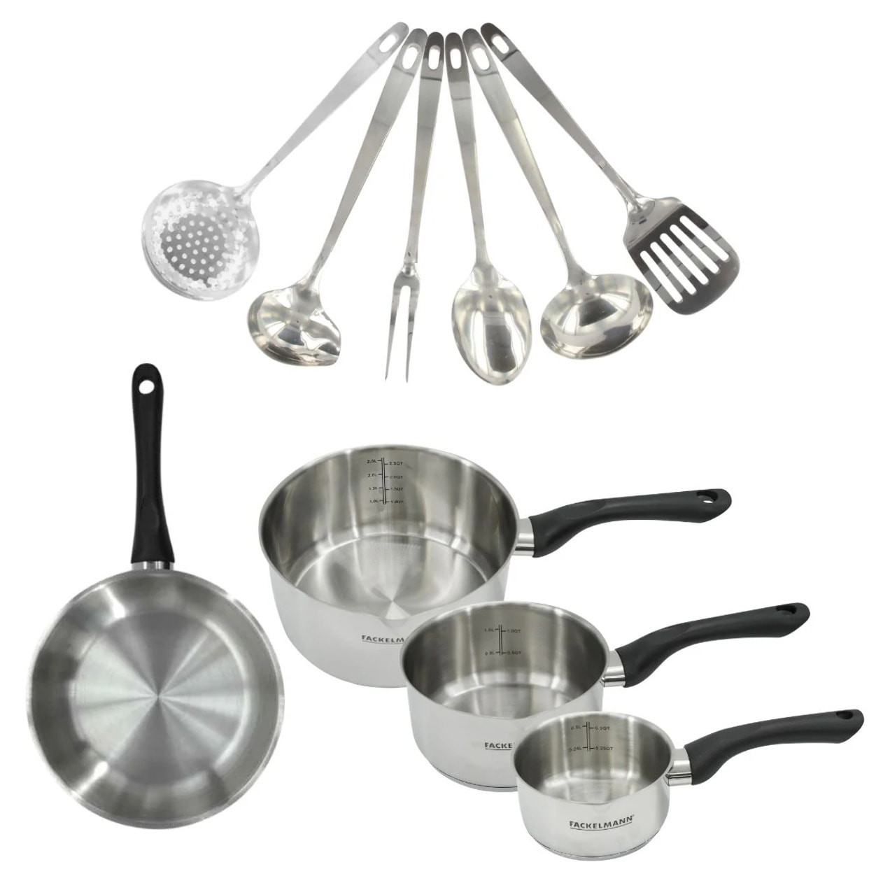 Set 1 poêle, 3 casseroles en inox et 6 ustensiles inox Fackelmann Geneva