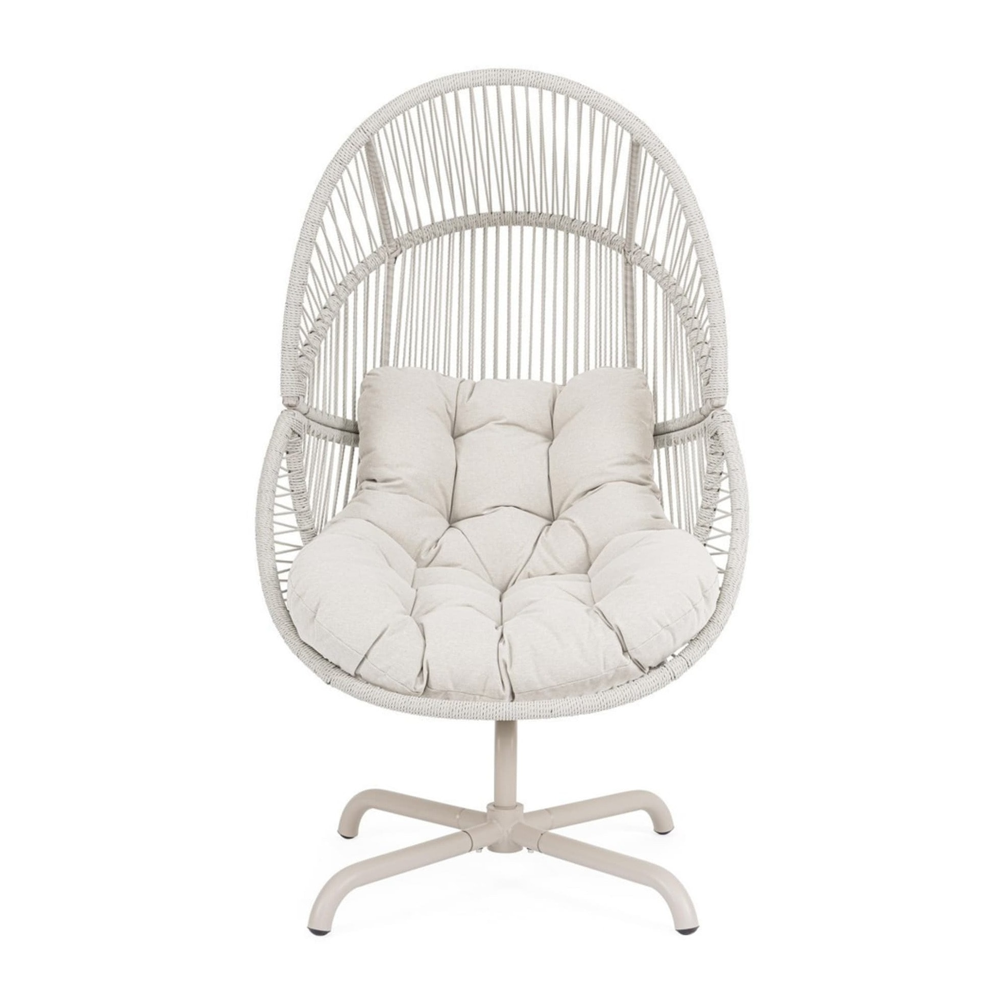 Poltrona girevole da giardino TARIFA con intreccio in fibra sintetica, base beige chiaro e cuscino