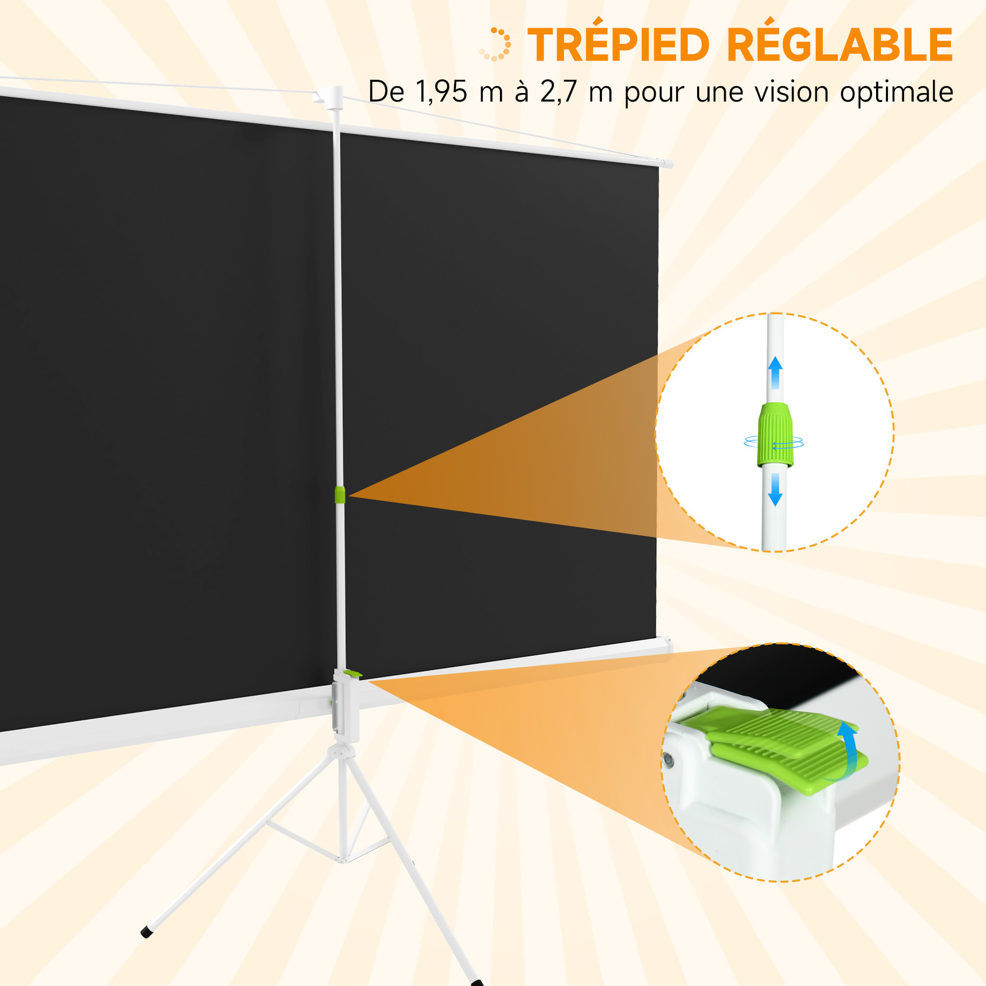 Écran de projection avec support trépied réglable en hauteur home-cinéma vidéo projecteur format 16:9 100 pouces blanc noir