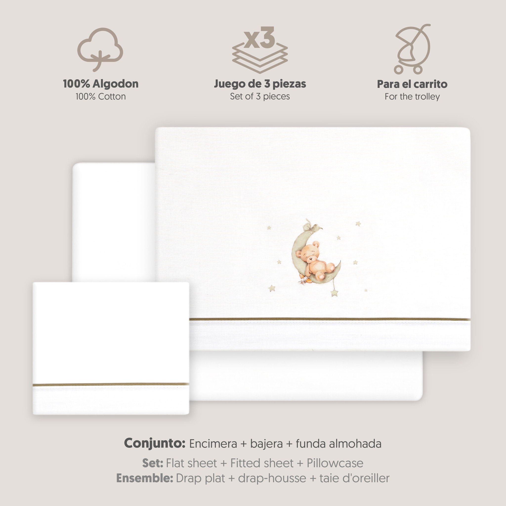 Triptico Coche Estampado Oso Luna Estrellas Bco/Gris