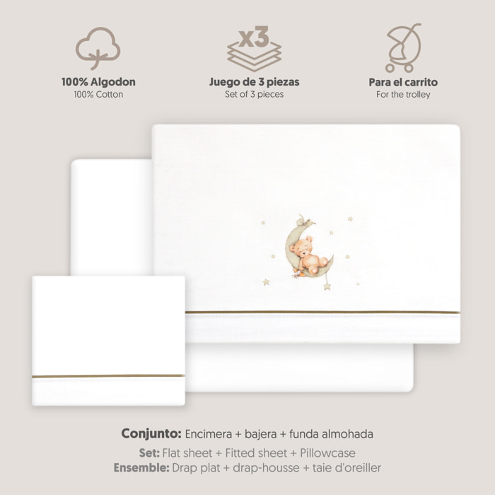 Triptico Coche Estampado Oso Luna Estrellas Bco/Gris