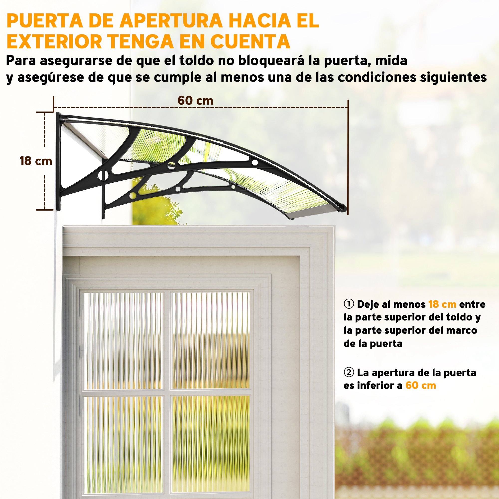 Marquesinas Exterior para Puertas y Ventanas, 110x60 cm, Tejadillo de Protección contra Sol y Lluvia, con Cubierta de Policarbonato, Barras de Aleación de Aluminio, Transparente