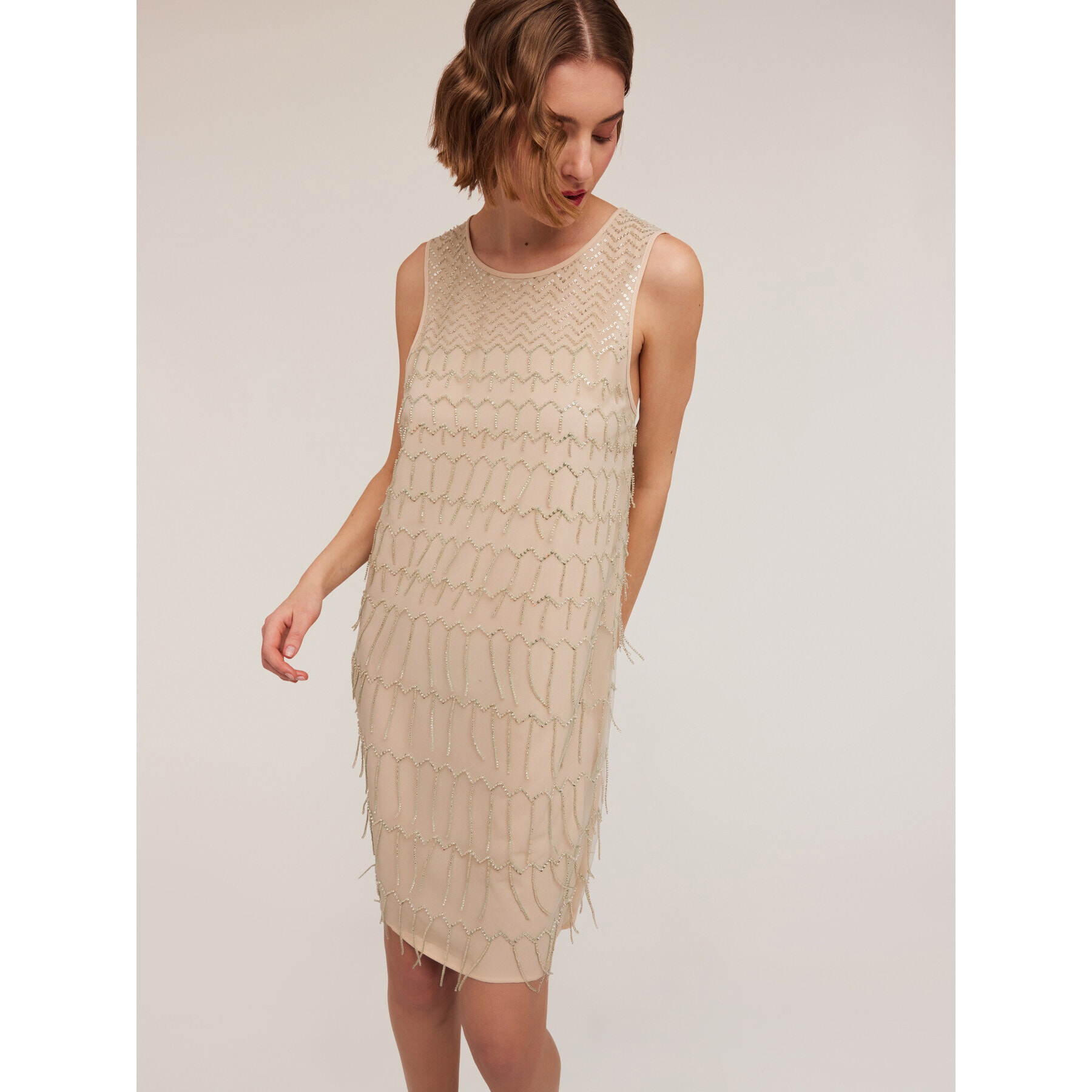 Motivi - Vestido bordado con flecos - Beige