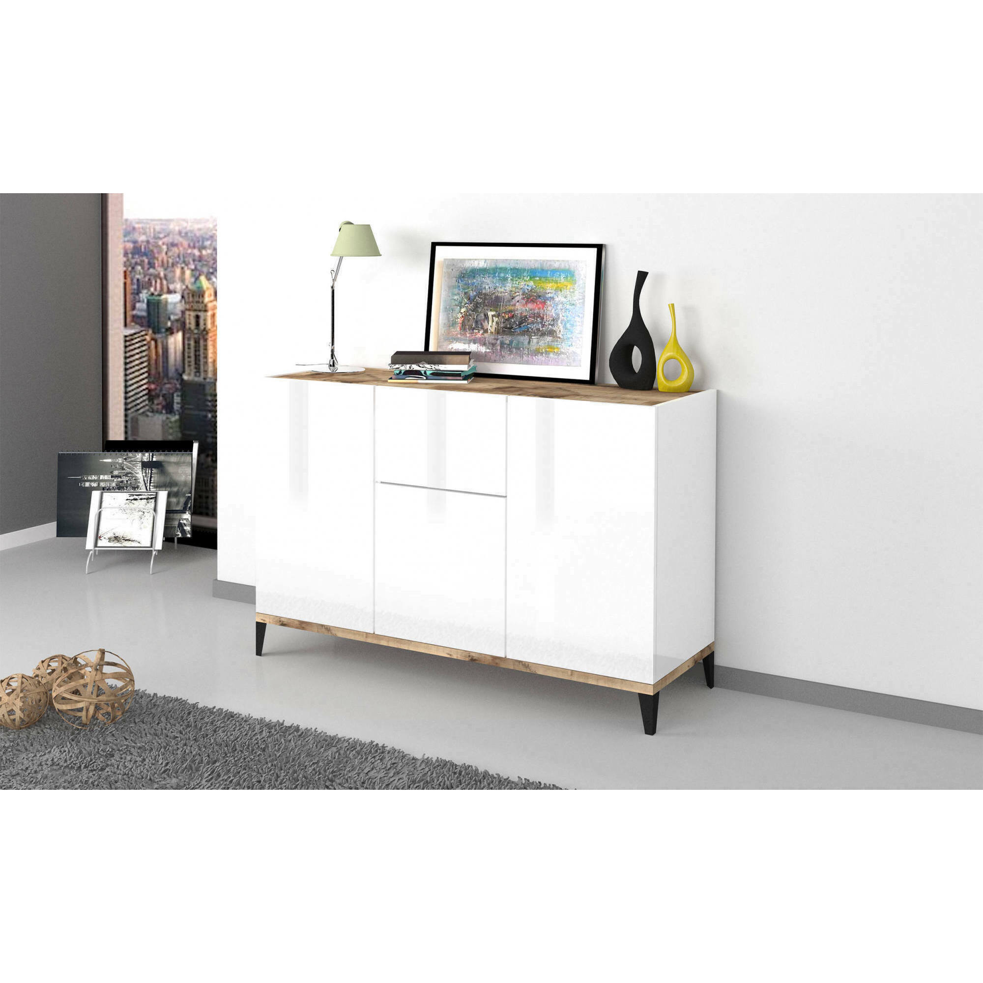 Credenza moderna a 3 ante e 1 cassetto, Made in Italy, Madia da cucina rialzata, Buffet di design da soggiorno, Cm 120x40h82, Bianco lucido e Acero