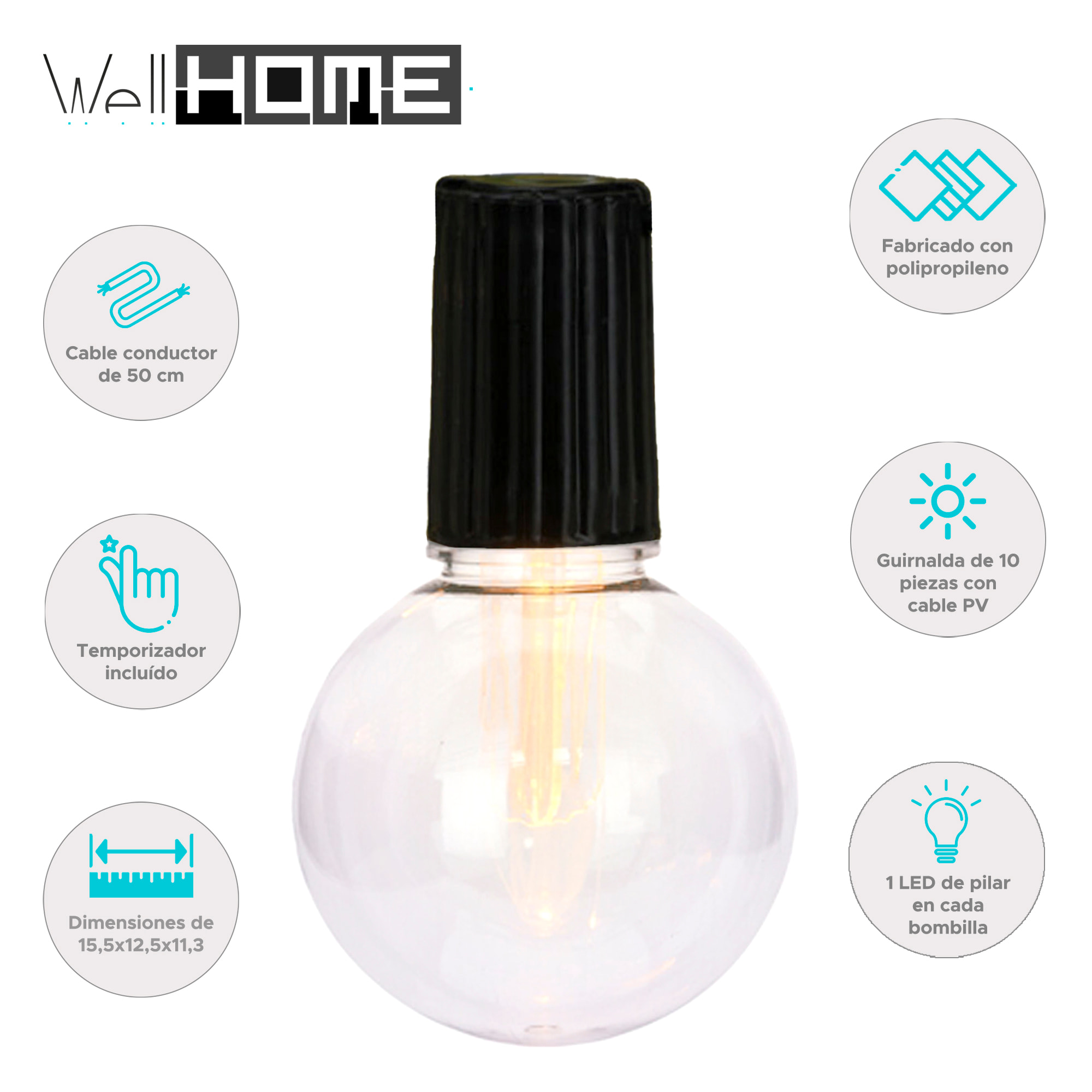 Guirnalda de luces led con bombillas, funciona con pilas - incluye temporizador