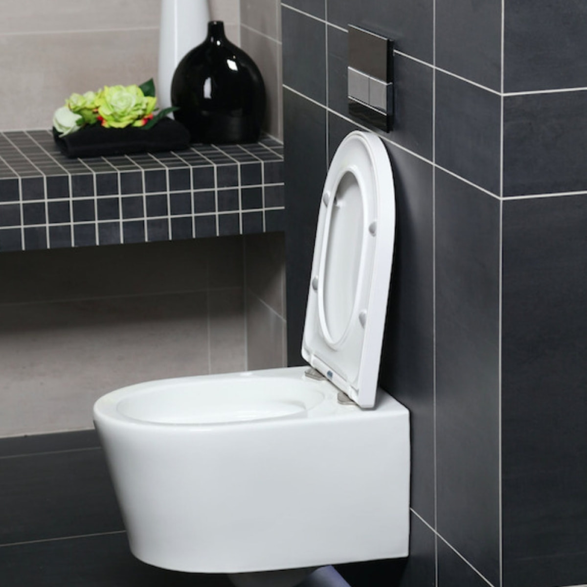 Pack WC sans bride, fixations invisibles + Abattant softclose + Bâti support Geberit UP100 + Plaque Delta 01 Blanche