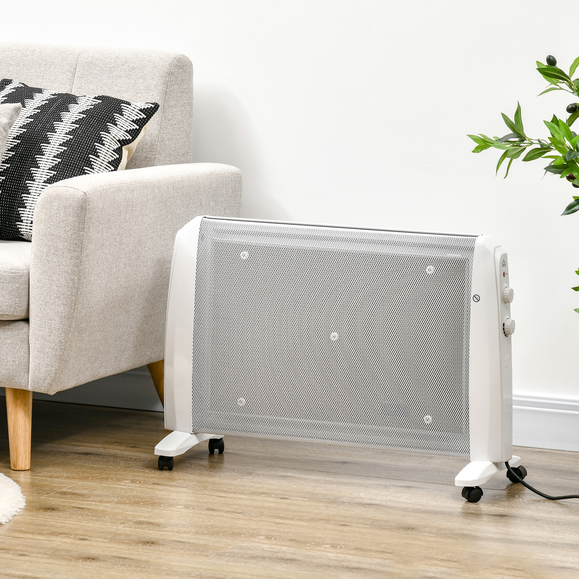 Calefactor Eléctrico 1000W/2000W Radiador de Mica con 4 Ruedas 79x27x54cm Blanco