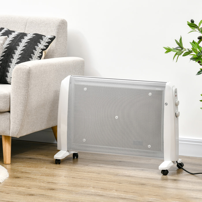 Calefactor Eléctrico 1000W/2000W Radiador de Mica con 4 Ruedas 79x27x54cm Blanco
