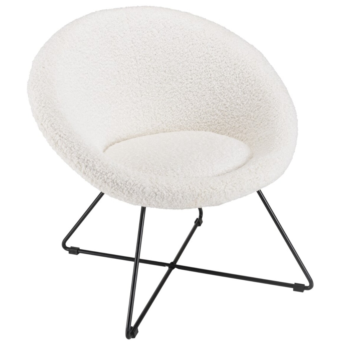 AGATHE - Fauteuil tissu bouclette blanc pieds croisés métal noir