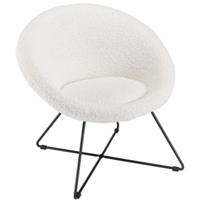 AGATHE - Fauteuil tissu bouclette blanc pieds croisés métal noir