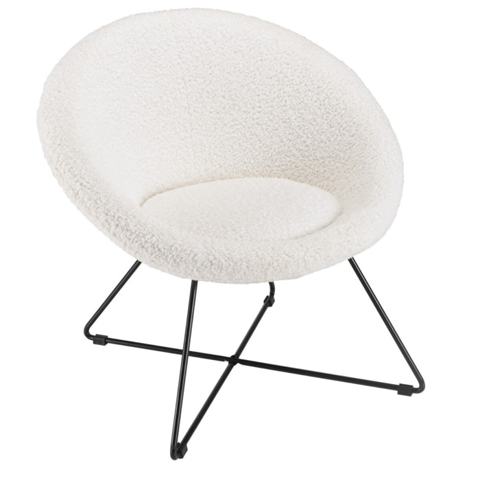 AGATHE - Fauteuil tissu bouclette blanc pieds croisés métal noir