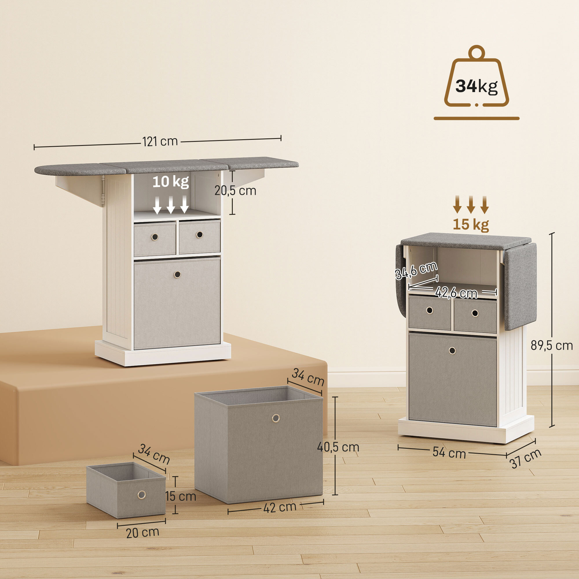 Mueble de Plancha con Ruedas, Tabla de Planchar Plegable, Mueble Planchador con 3 Cajones de Tela, Compartimento Abierto, 121x37x89,5 cm, Blanco