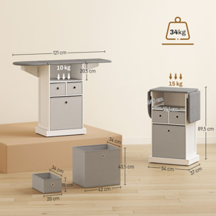 Mueble de Plancha con Ruedas, Tabla de Planchar Plegable, Mueble Planchador con 3 Cajones de Tela, Compartimento Abierto, 121x37x89,5 cm, Blanco