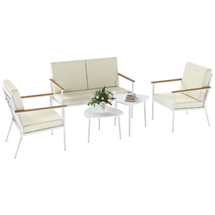 Conjunto de Jardín Exterior 5 Piezas Muebles Jardín Exterior con 1 Sofá de 2 Plazas 2 Sillones y 2 Mesas de Centro con Tablero de Vidrio Templado Cojines Lavables Beige