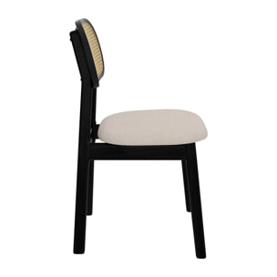 Lot de 2 chaises en bois noir, tissu beige et rotin synthétique - Maria