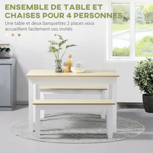 Ensemble table à manger 3 pièces - 2 bancs encastrables, grande table 4-6 personnes - blanc aspect bois clair