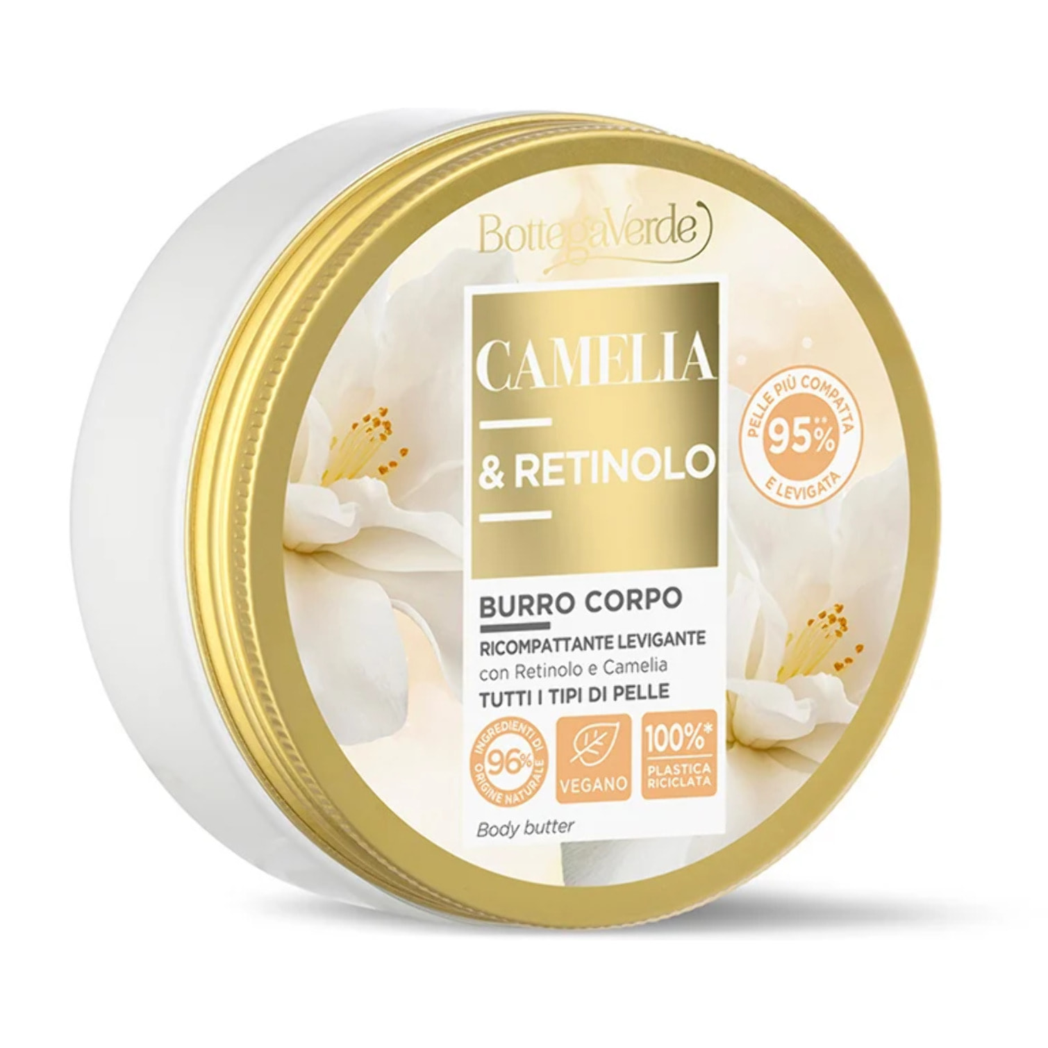 Manteca corporal - reafirmante alisadora** - con Retinol e hiperfermentado de Camelia de la finca Tenuta Bottega Verde (150 ml) - todo tipo de pieles