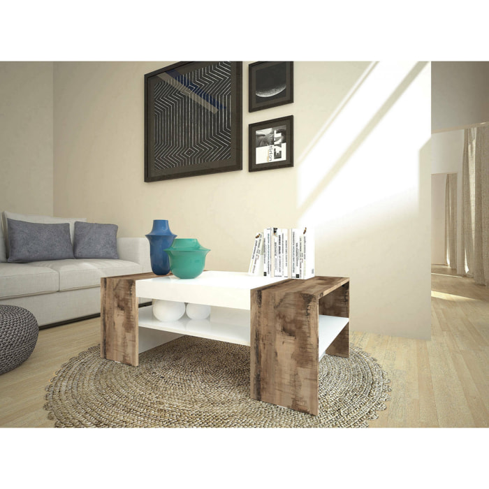 Tavolino da salotto Ashar, Tavolo basso da caffè, Mobiletto portariviste, 100% Made in Italy, cm 110x60h40, Bianco lucido e Acero