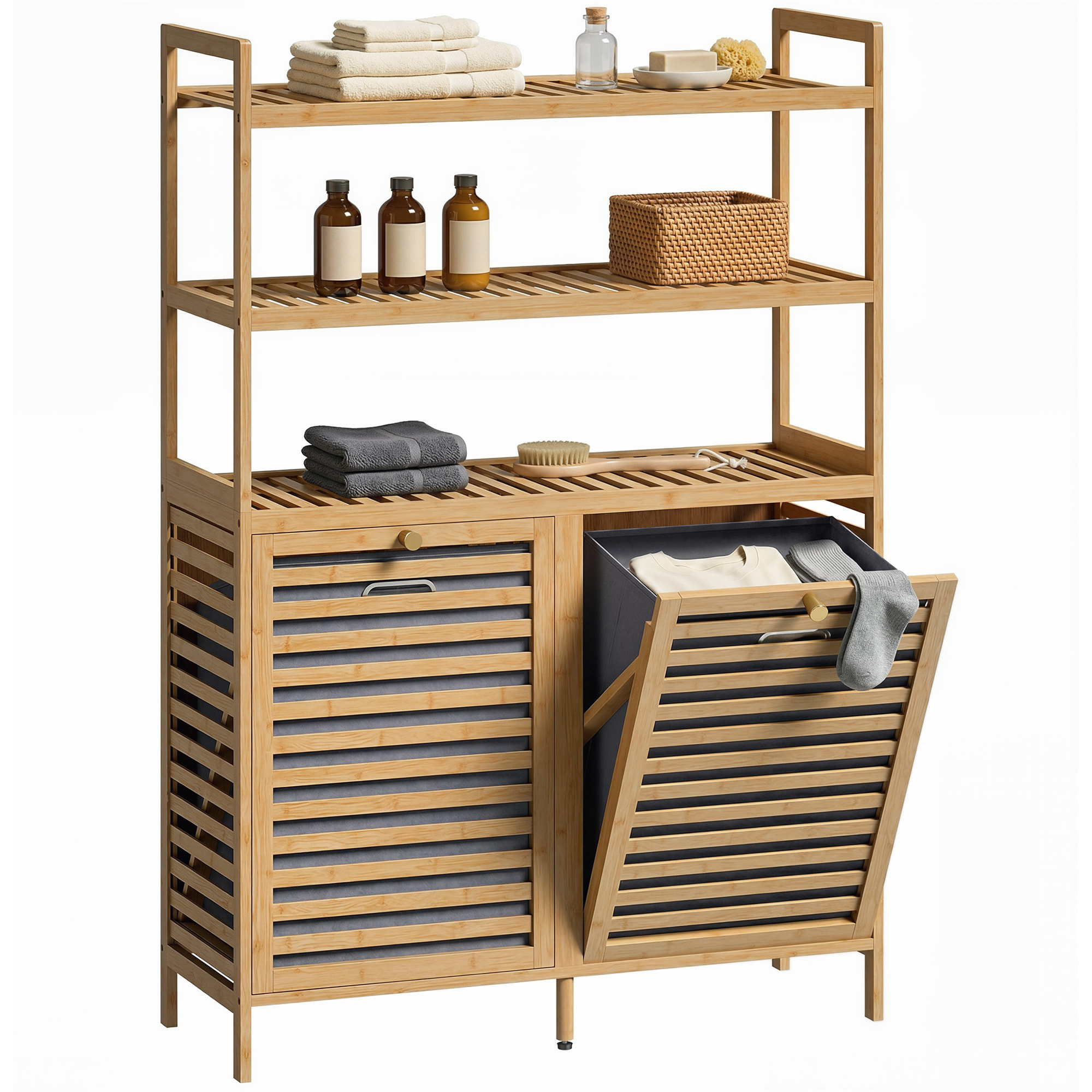 Mueble Ropa Sucia de Bambú, 2 en 1, Mueble de Baño con 2 Cestos para Ropa Sucia Inclinables 38,7 L y 3 Estantes, para Cocina, Salón, 80x30x118 cm, Roble