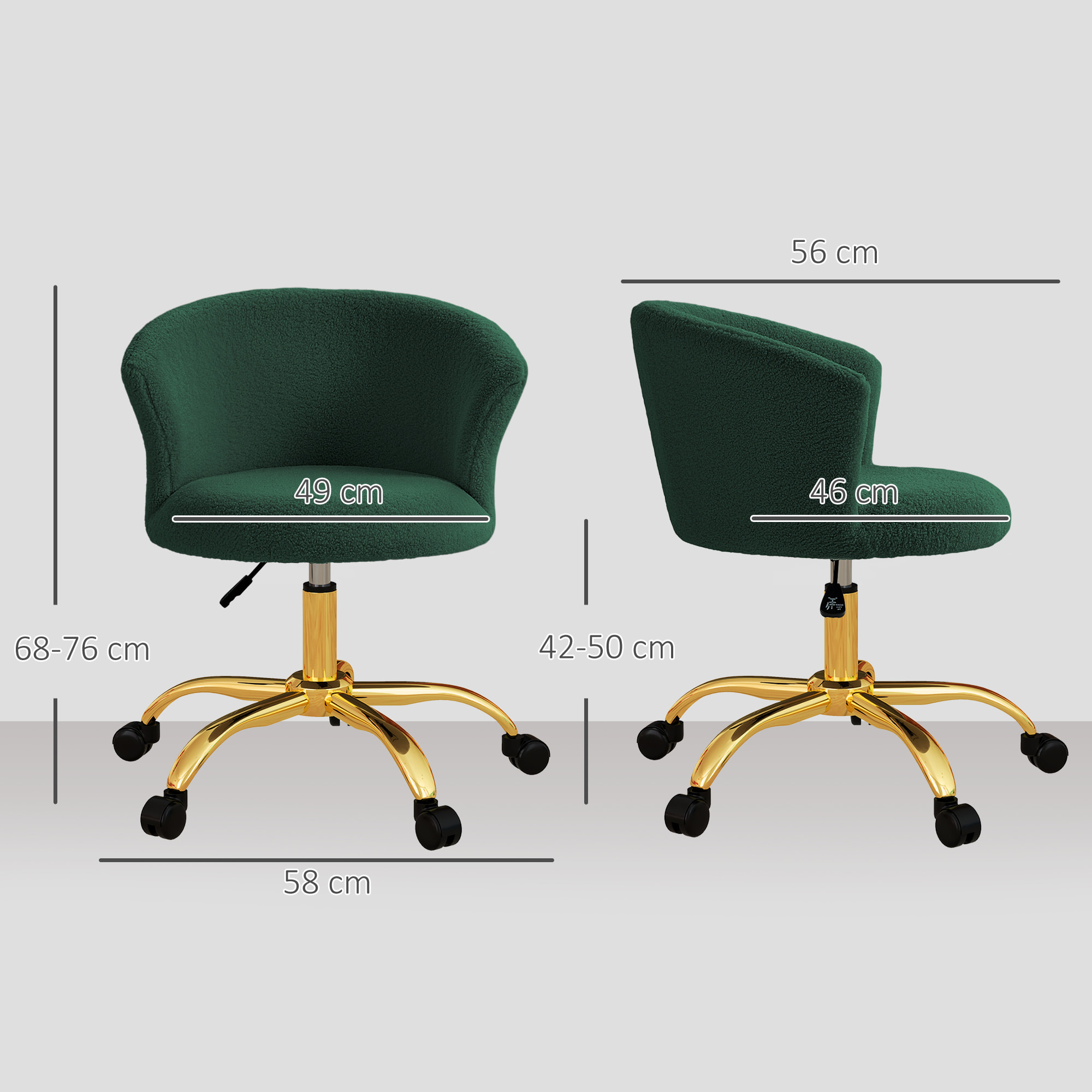 Chaise de bureau design effet courte laine bouclée piètement métal doré vert