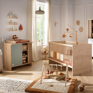 Chambre bébé évolutive Tokyo, Lit 140x70 évolutif et Commode à langer claustra - Chêne suave