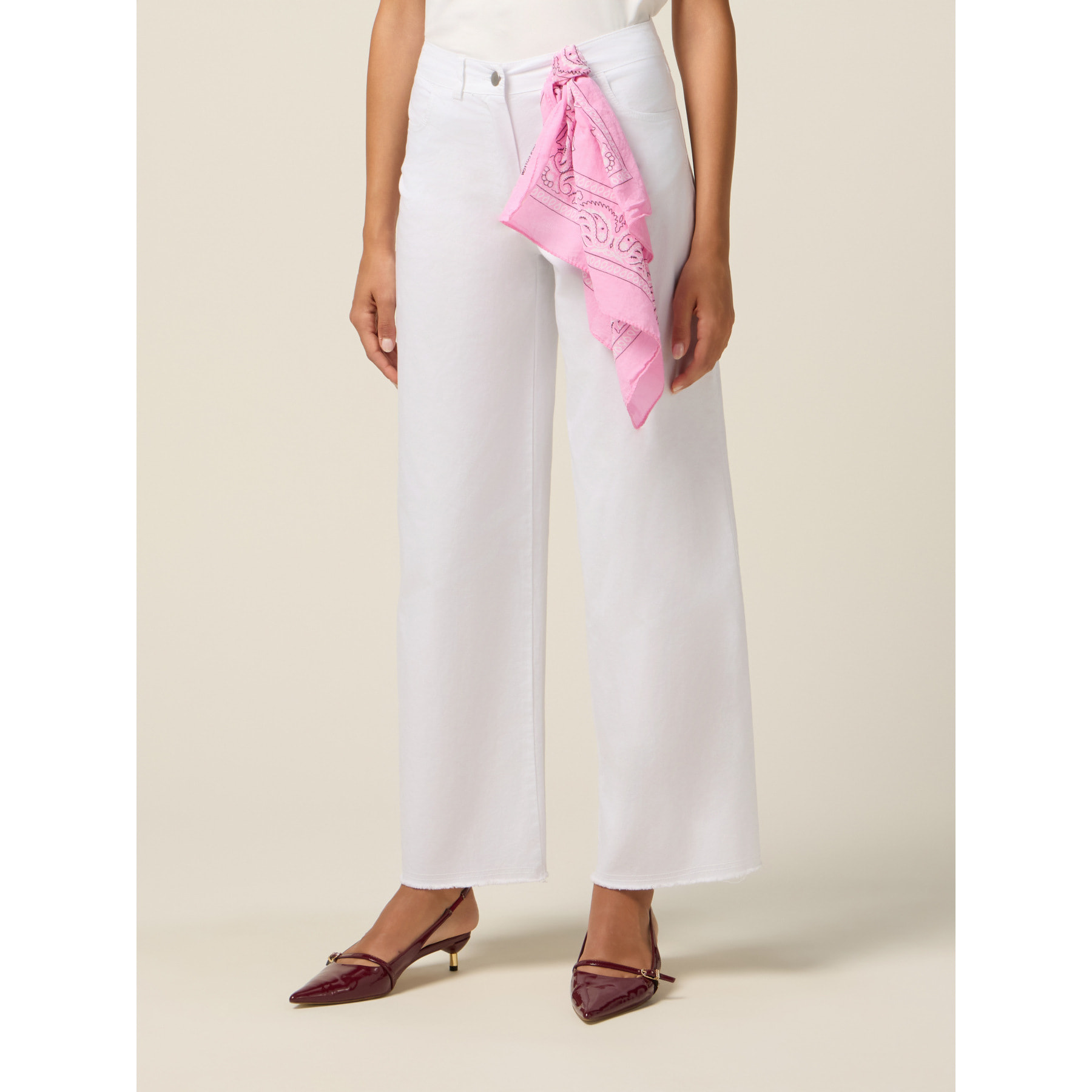 Oltre - Pantaloni palazzo in cotone con bandana - Bianco