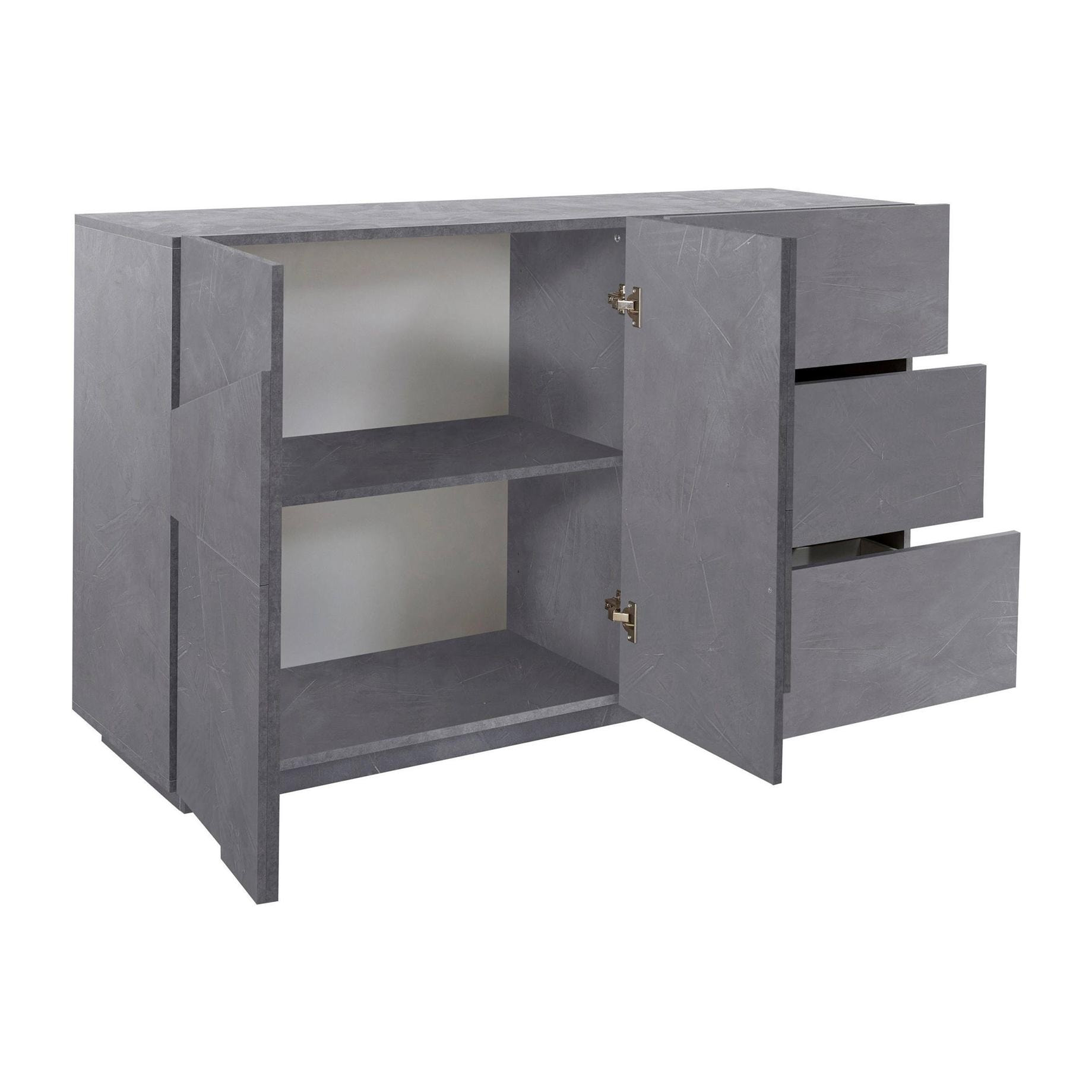 Credenza moderna a 2 ante e 3 cassetti, Made in Italy, Madia da cucina con dettaglio, Buffet di design da soggiorno, cm 143x44h86, colore Grigio Cenere