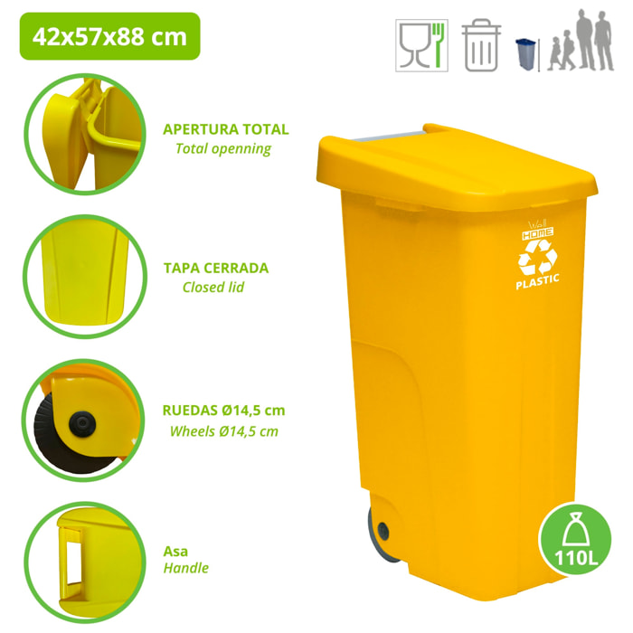 Contenedor - cubo de basura wellhome reciclo 110l, color amarilllo cerrado con tapa, ideal para reciclaje de plásticos, con ruedas