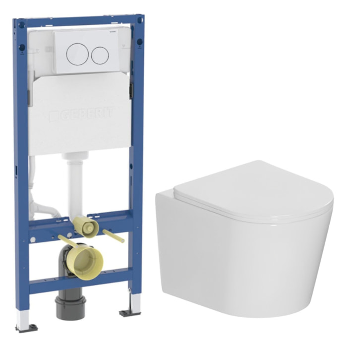 Duofix Pack WC bâti-support 112 cm + WC suspendu sans bride avec abattant SoftClose Ceramia + plaque blanche (GEBCE14WT04MAN-FR)