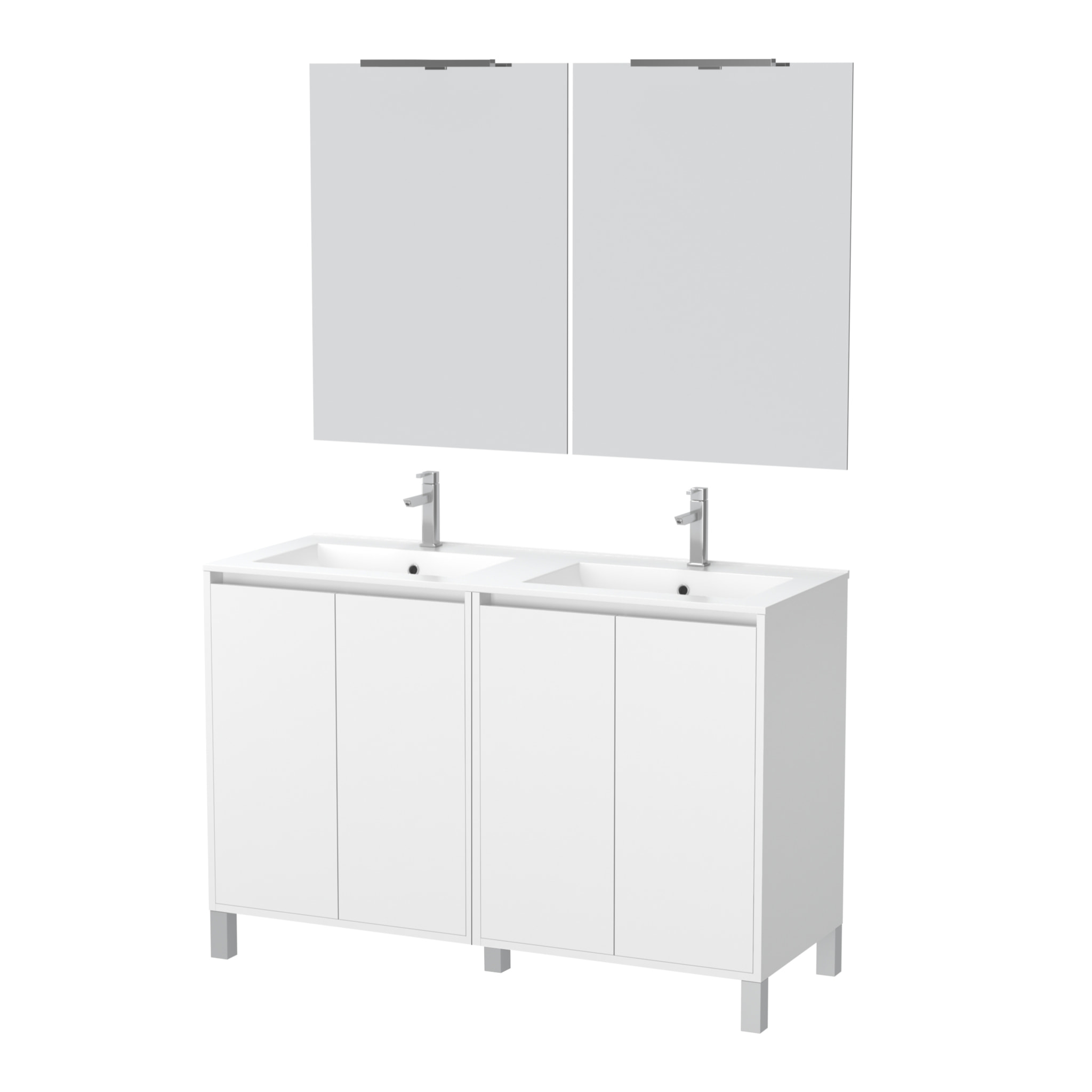 Meuble Salle de Bains 120 cm Laqué Blanc 4 Portes, Vasque, Miroirs 60x80 et Réglettes Led - XENOS