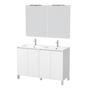 Meuble Salle de Bains 120 cm Laqué Blanc 4 Portes, Vasque, Miroirs 60x80 et Réglettes Led - XENOS