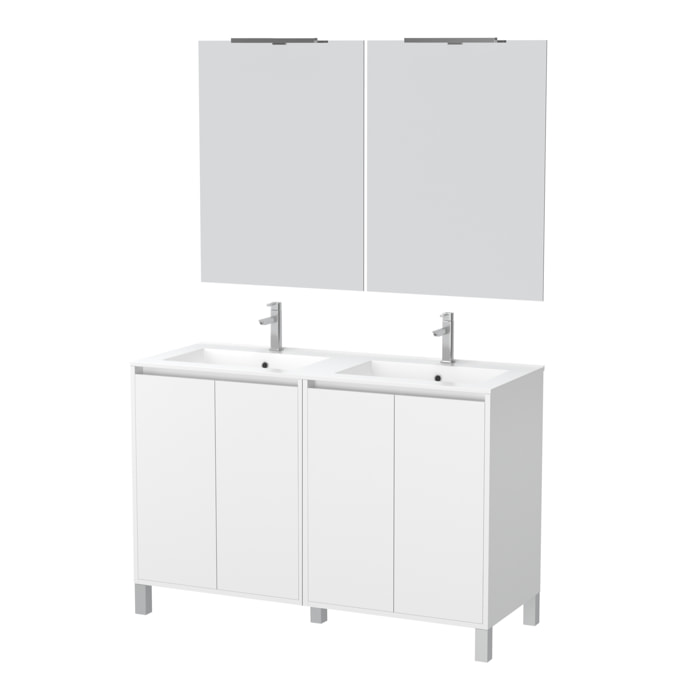 Meuble Salle de Bains 120 cm Laqué Blanc 4 Portes, Vasque, Miroirs 60x80 et Réglettes Led - XENOS