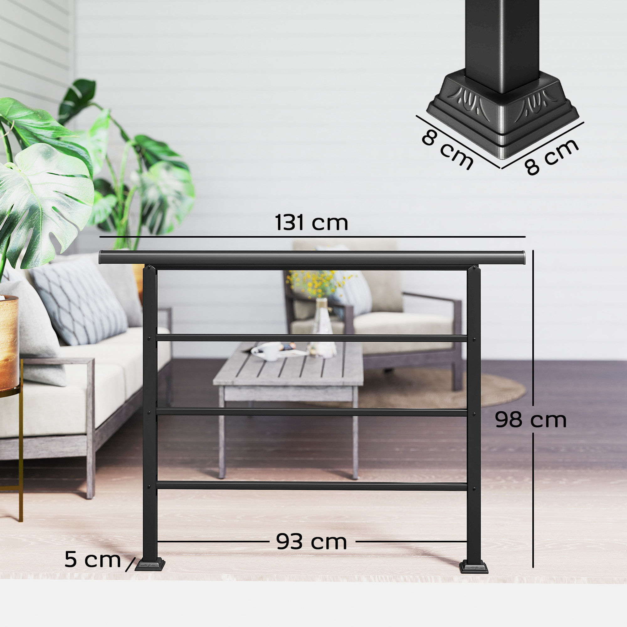 Barandilla de Escalera, 131 cm, Pasamanos para Escalera con Kit de Instalación, ÃƒÂngulo Ajustable para 1-4 Escalones, para Porches, Madera y Concreto, para Exterior, Terraza, Patio, Negro